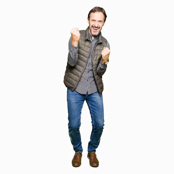Middle Age Handsome Man Wearing Winter Vest Very Happy Excited — Stock Photo, Image