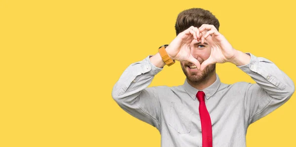 Young Handsome Business Man Doing Heart Shape Hand Fingers Smiling — Stock Photo, Image