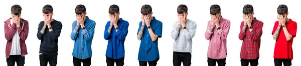 Collage Young Man Isolated Background Sad Expression Covering Face Hands — Stock Photo, Image