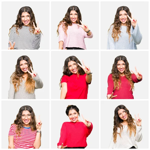 Collage Hermosa Mujer Joven Con Diferentes Miradas Sobre Fondo Blanco — Foto de Stock