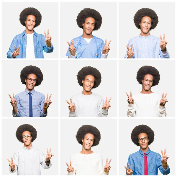Koláž Mladého Muže Afro Vlasy Bílé Izolované Pozadí Usmívající Dívá — Stock fotografie