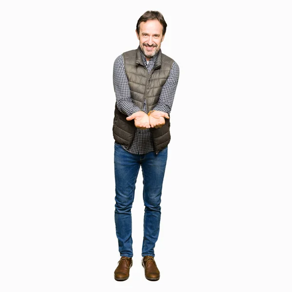 Middle Age Handsome Man Wearing Winter Vest Smiling Hands Palms — Stock Photo, Image