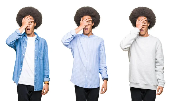 Collage Eines Jungen Mannes Mit Afrohaaren Vor Weißem Isoliertem Hintergrund — Stockfoto