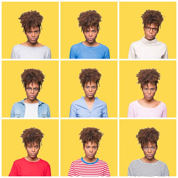 Sarı izole arka plan şüpheci ve sinir üzerinde genç güzel Afrikalı kız Kolaj, sorun nedeniyle üzgün kaşlarını çatma. Negatif kişi.