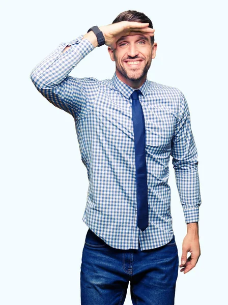Jóképű Üzletember Visel Nyakkendő Nagyon Boldog Mosolyog Néz Messze Kéz — Stock Fotó