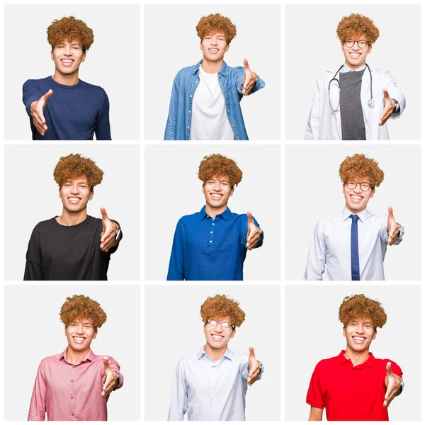 Collage Hombre Joven Con Diferentes Miradas Sobre Fondo Blanco Aislado —  Fotos de Stock