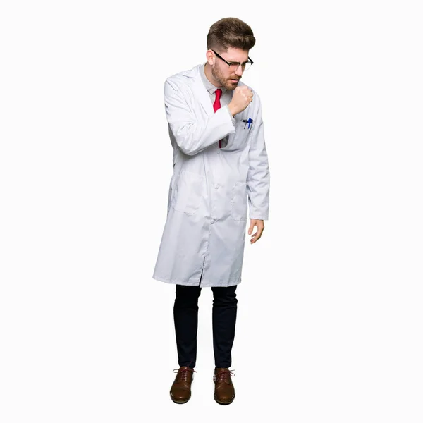 Young Handsome Scientist Man Wearing Glasses Feeling Unwell Coughing Symptom — Stock Photo, Image