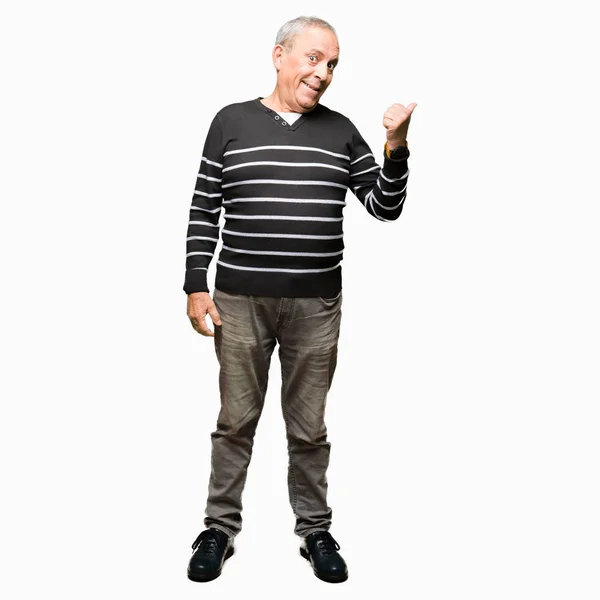 Handsome Senior Man Wearing Winter Stripes Sweater Smiling Happy Face — Stock Photo, Image