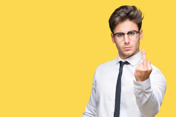 Junger Geschäftsmann Mit Brille Über Isoliertem Hintergrund Zeigt Mittelfinger Unhöflichen — Stockfoto