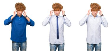 Genç bussines adam kolaj kıvırcık saçlı izole beyaz arka plan üzerinde gözlük takan baş ağrısı için el ile çünkü stres. Acı çeken migren.