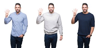 Kolaj yakışıklı iş adamı gösterilen ve parmakları ile işaret beyaz izole arka plan üzerinde bir süre kendinden emin ve mutlu gülümseyerek dört numara.