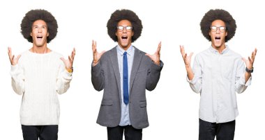 Beyaz izole arka plan çılgın ve deli bağırma ve agresif ifade ve kollar ile bağırarak üzerinde afro saç ile genç adam kolaj kaldırdı. Hayal kırıklığı kavramı.