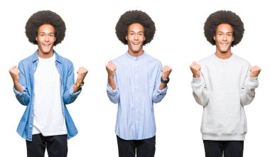 Beyaz izole arka plan üzerinde afro saç ile genç adam kolaj şaşırttı ve silah yükseltilmiş ve açık gözleri ile başarı için hayran kutluyor. Kazanan kavramı.
