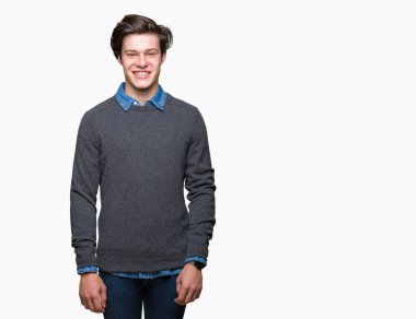 İzole arka plan ile bir mutlu ve güzel genç yakışıklı zarif adam yüzünde gülümseme. Şanslı kişi.