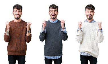 Izole arka plan üzerinde bir kazak giyen genç adamın kolaj şaşırmış ve kollarını kaldırdı ve açık gözleri ile başarı için şaşırttı. Kazanan kavramı.