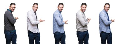 Beyaz izole arka plan üzerinde yakışıklı iş adamı Kolaj açık el ile doğal gülümseyen girmek için davet