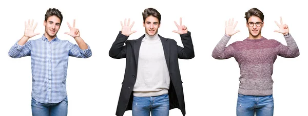 Koláž Mladých Pohledný Podnikatel Izolované Pozadí Zobrazení Ukázal Prsty Číslo — Stock fotografie