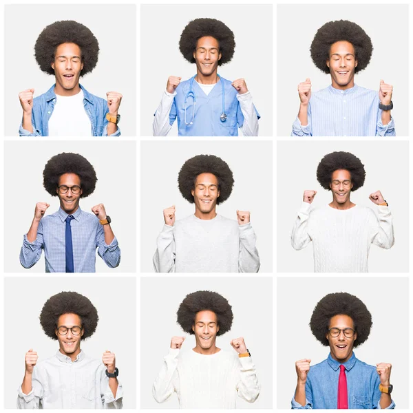 Collage of young man with afro hair over white isolated background excited for success with arms raised celebrating victory smiling. Winner concept.