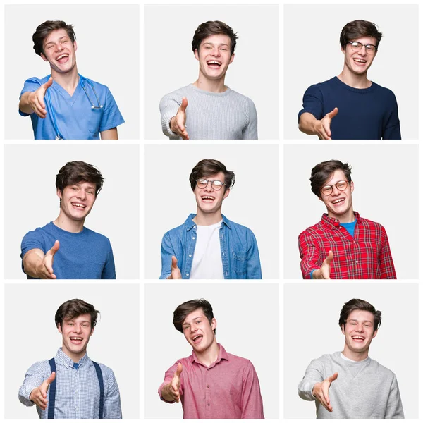 Collage Young Man White Isolated Background Smiling Friendly Offering Handshake — Stock Photo, Image