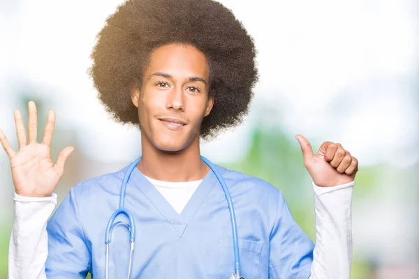 Young African American Doctor Man Afro Hair Showing Pointing Fingers — Stock Photo, Image