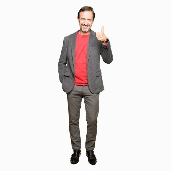 Middle Age Handsome Business Man Doing Happy Thumbs Gesture Hand — Stock Photo, Image