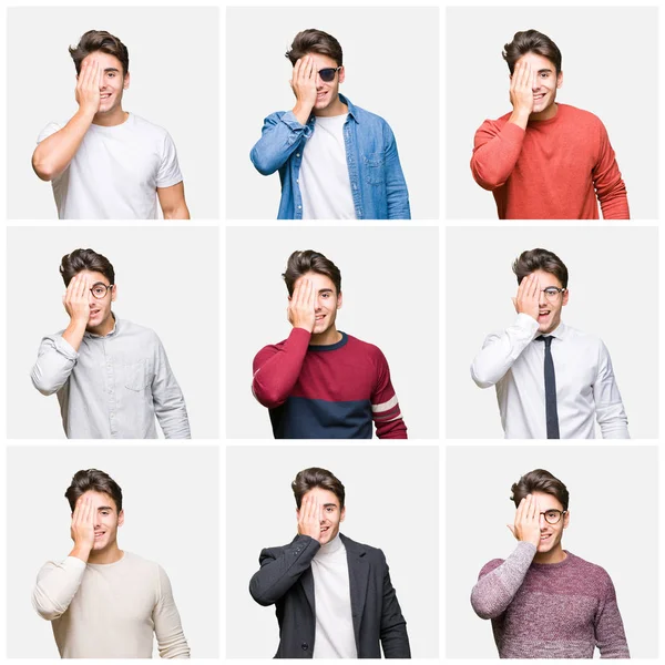 Collage Young Handsome Business Man Isolated Background Covering One Eye — Stock Photo, Image