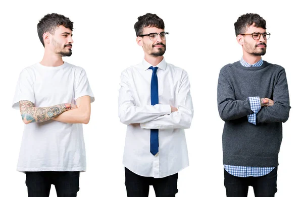 Collage Eines Jungen Mannes Vor Isoliertem Hintergrund Der Mit Gekreuzten — Stockfoto