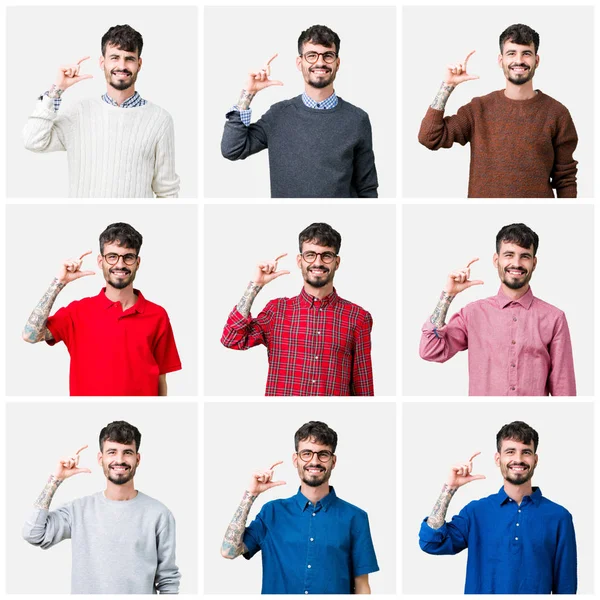 Collage Van Jonge Man Geïsoleerde Achtergrond Glimlachend Vertrouwen Gebaren Met — Stockfoto