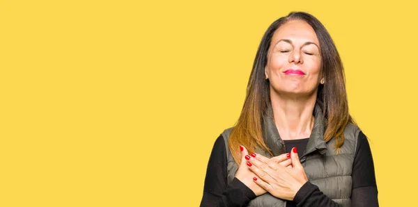 Beautiful Middle Age Woman Wearing Winter Vest Smiling Hands Chest — Stock Photo, Image