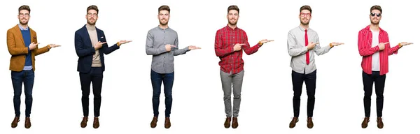 Κολάζ Όμορφος Νεαρός Επιχείρηση Άνθρωπος Φορώντας Διαφορετικά Φαίνεται Πάνω Από — Φωτογραφία Αρχείου