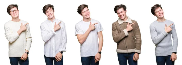 Collage Young Man White Isolated Background Cheerful Smile Face Pointing — Stock Photo, Image