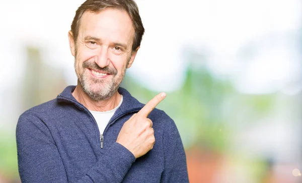 Middle Age Handsome Man Wearing Sweater Cheerful Smile Face Pointing — Stock Photo, Image