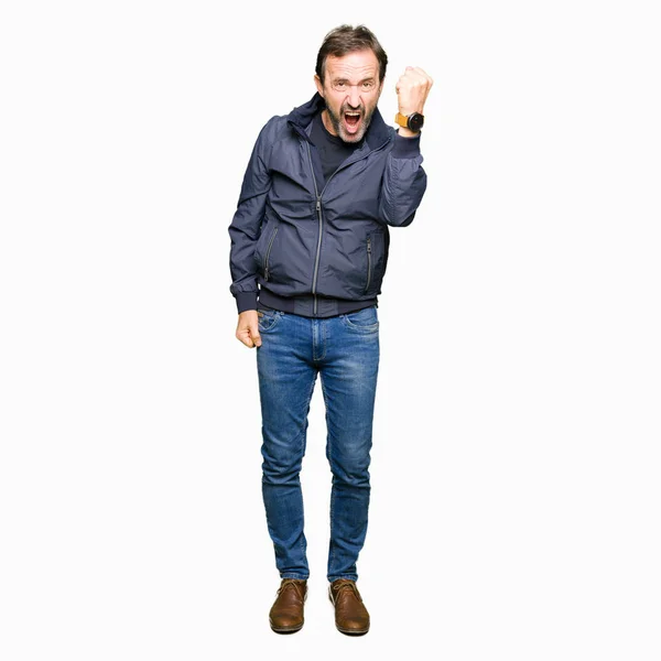 Middle Age Handsome Man Wearing Jacket Angry Mad Raising Fist — Stock Photo, Image