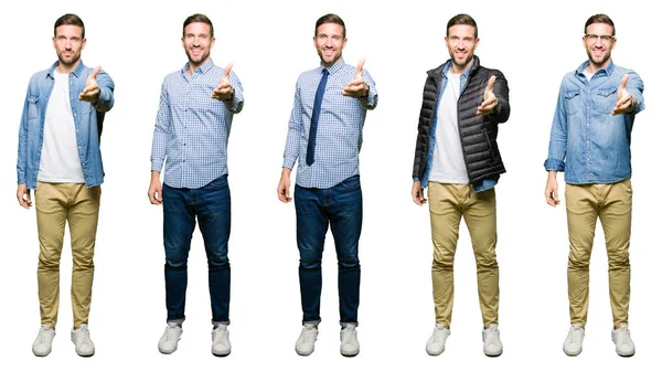 Collage Van Aantrekkelijke Jonge Man Witte Geïsoleerde Achtergrond Lachende Vriendelijke — Stockfoto