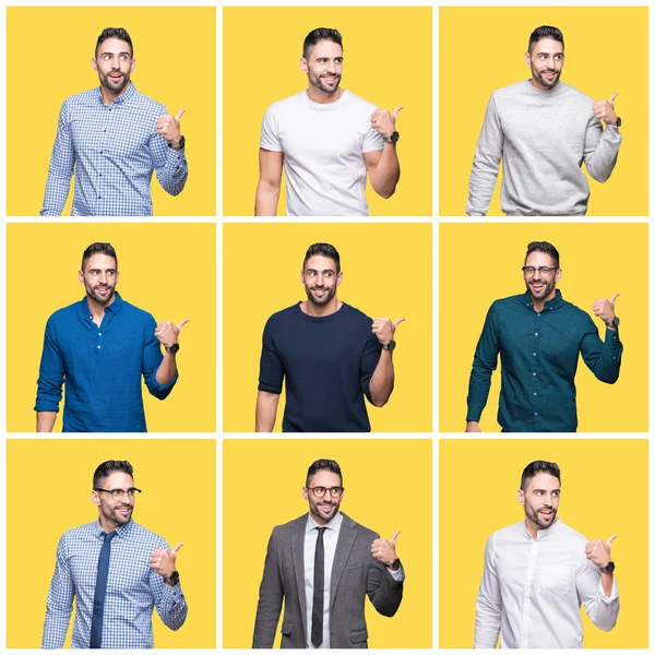 Collage Hombre Guapo Sobre Fondo Aislado Amarillo Sonriendo Con Cara —  Fotos de Stock
