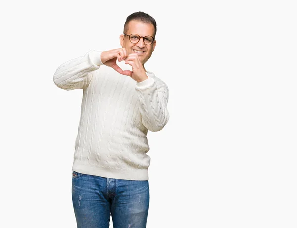 Középkorú Arab Férfi Szemüveg Viselése Alatt Szerelmes Szív Szimbólum Kéz — Stock Fotó