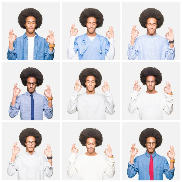 Koláž Mladého Muže Afro Vlasy Nad Bílým Pozadím Izolované Relaxovat — Stock fotografie