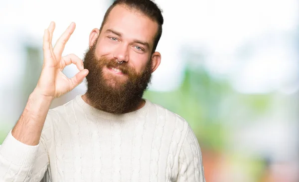 Young Hipster Man Wearing Winter Sweater Smiling Positive Doing Sign — Stock Photo, Image