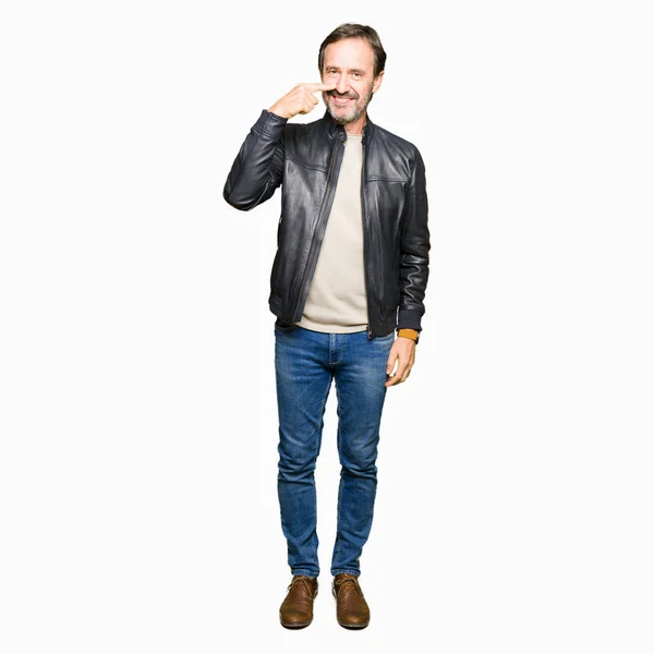 Middle Age Handsome Man Wearing Black Leather Jacket Pointing Hand — Stock Photo, Image