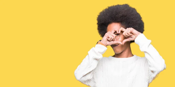 Young African American Man Afro Hair Wearing Glasses Doing Heart — Stock Photo, Image