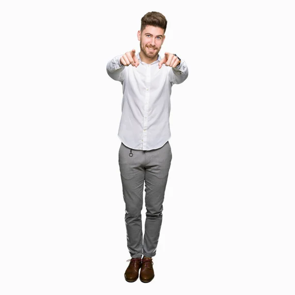 Young Handsome Business Man Pointing You Camera Fingers Smiling Positive — Stock Photo, Image