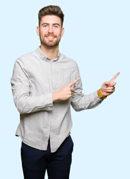 Young Handsome Man Wearing Casual Shirt Smiling Looking Camera Pointing — Stock Photo, Image