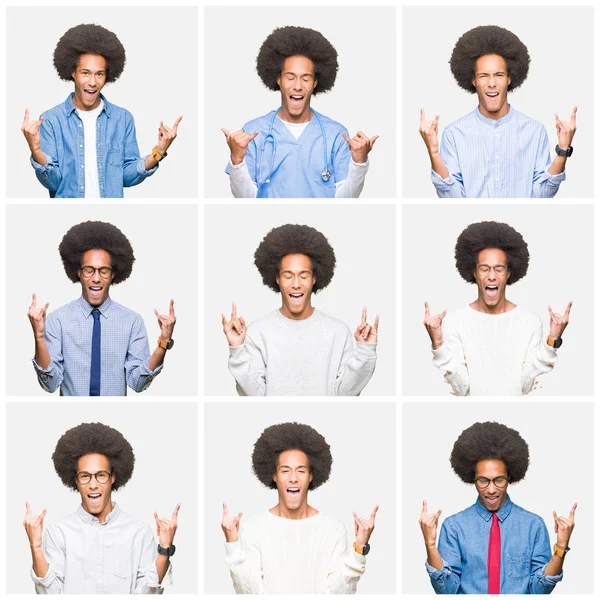 Collage Giovane Uomo Con Capelli Afro Sfondo Bianco Isolato Gridando — Foto Stock