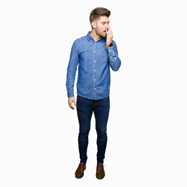 Young Handsome Blond Man Wearing Casual Denim Shirt Bored Yawning — Stock Photo, Image