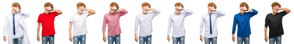 Collage Eines Jungen Mannes Mit Unterschiedlichen Blicken Vor Isoliertem Weißem — Stockfoto