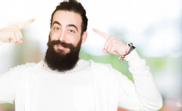 Young Hipster Man Long Hair Beard Wearing Sporty Sweatshirt Smiling — Stock Photo, Image