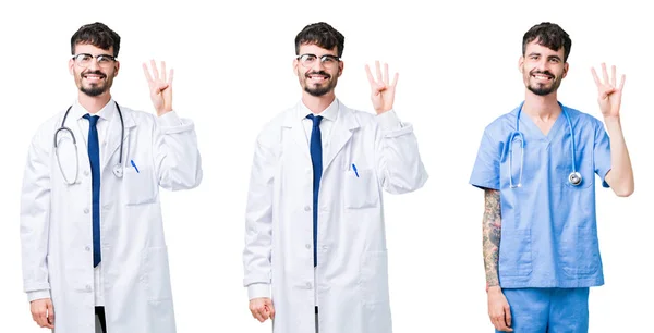 自信を持って幸せそうに微笑みながら 孤立した背景の上に医療コートを着た医師のコラージュが指で4番を見せ 指を上げる — ストック写真