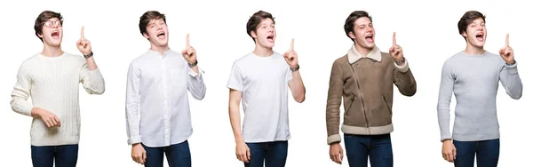 Колаж Молодої Людини Над Білим Ізольованим Тлом Вказує Пальцем Успішну — стокове фото