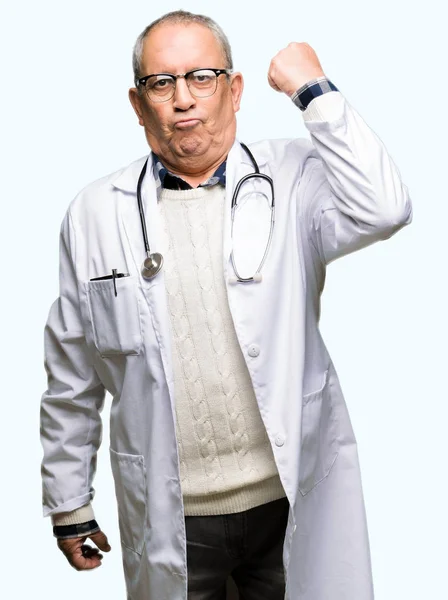 Handsome Senior Doctor Man Wearing Medical Coat Strong Person Showing — Stock Photo, Image