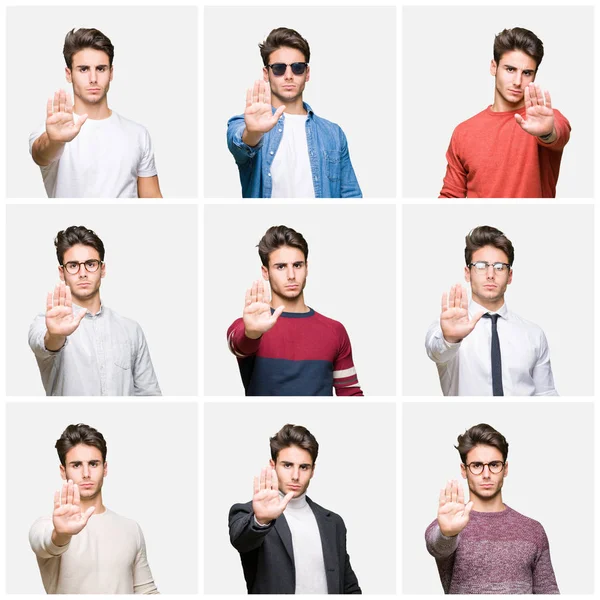 Collage Young Handsome Business Man Isolated Background Doing Stop Sing — Stock Photo, Image